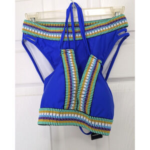 Womens 2 Pc Bikini Blue V Neck Crisscross Back Size Small Swimsuit